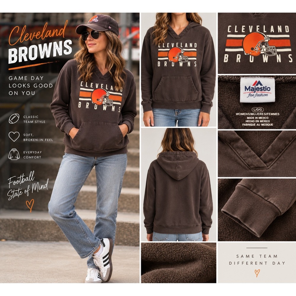 Cleveland Browns Hoodie Womens L Majestic NFL Brown V Neck Football Sweatshirt